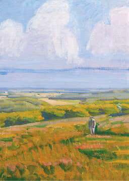 Paisaje pintado con campos dorados, gran cielo nublado y una pequeña figura de pie