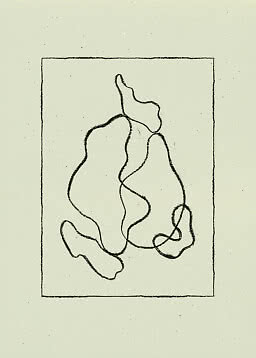 Abstract black line drawing with organic shapes inside a rectangular frame on a light background