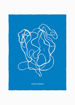 Abstract poster with white line drawing on blue background and the text "gravity situation"