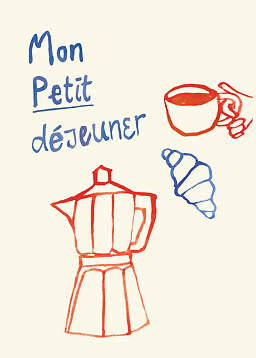 Illustration med teksten "Mon Petit déjeuner", kaffekop, croissant og mokkakande i rød og blå