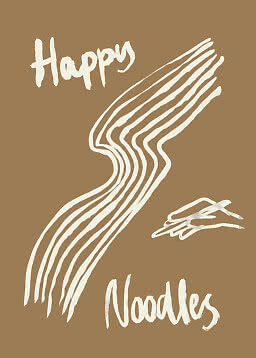 Illustration weißer Nudeln mit dem Schriftzug „Happy Noodles“ auf braunem Hintergrund