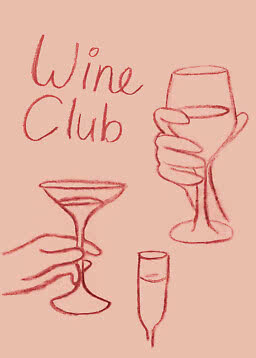 Ilustración de Wine Club con manos sosteniendo copa de vino, copa coupe y flauta de champán