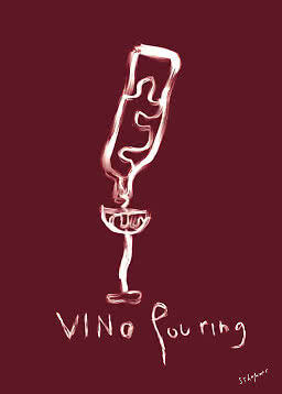Obra abstracta de una botella de vino y una copa sobre fondo rojo oscuro con texto "Vino Pouring"