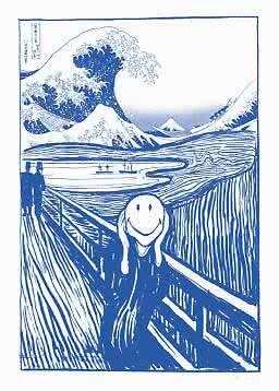 Blue art print blending The Great Wave and The Scream, with a smiley face on a bridge