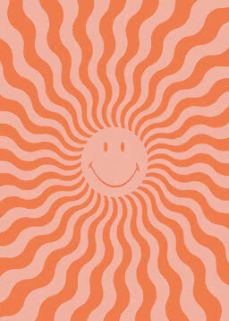 Motif graphique d’un soleil souriant avec des rayons orange ondulés sur fond rose clair
