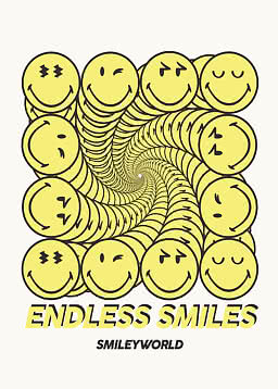 Poster con faccine smile gialle in un tunnel a spirale e scritta "Endless Smiles" di SmileyWorld
