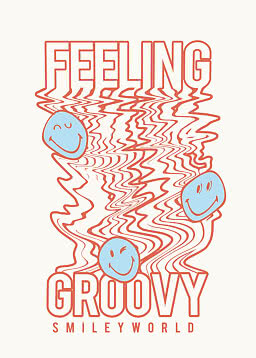 Stampa grafica con scritta "Feeling Groovy SmileyWorld" e tre faccine blu tra linee arancioni ondulate