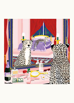 Illustration von Leoparden in einem luxuriösen Schlafzimmer mit Spiegel, Bett und Dingen auf dem Schminktisch