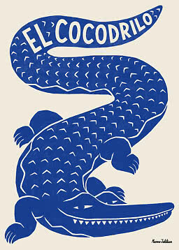 Blaue Illustration eines Krokodils auf hellem Hintergrund mit dem Text „El Cocodrilo“