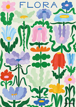 Affiche florale colorée avec le mot FLORA et des fleurs stylisées en bleu, rose, jaune et vert