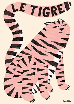 Rosa illustrierter Tiger mit schwarzen Streifen und dem Schriftzug „LE TIGRE“ über dem Schwanz