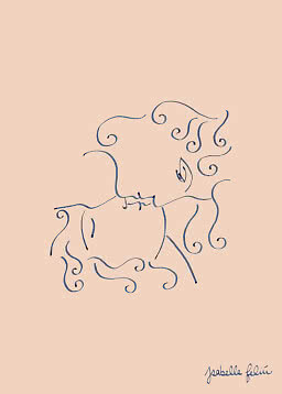 Minimalist line drawing of two faces kissing in blue lines on a peach background