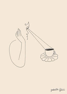 Minimalistisk stregtegning af ansigt, der ser mod en kaffekop på en blomst