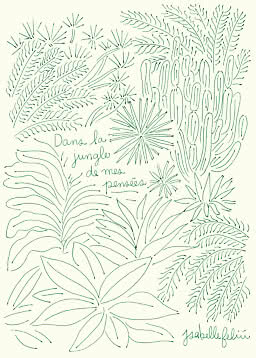 Green line drawing of jungle leaves and cactus on a cream background with handwritten French text