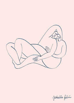 Minimalist line drawing of two embracing nude figures on a pale pink background