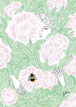 Illustration af kvinde blandt lyserøde blomster og grønne blade med en bi på en blomst