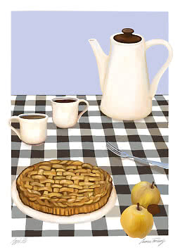 Illustration af æbletærte, kaffekande, to kopper og æbler på sort-hvid ternet dug