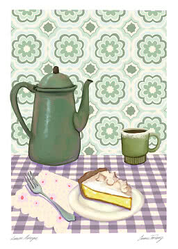 Illustratie van groene koffiepot, kop koffie en citroen-meringuetaart op paars geruit kleed.