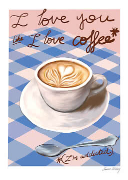 Illustration av cappuccino med hjärtformad latte art på blå-rutig duk och handskriven text