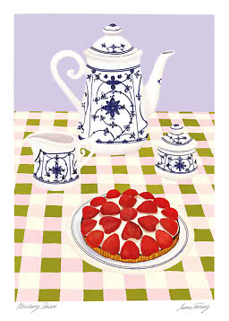 Illustratie van blauw-witte koffiepot, roomkan en suikerpot met aardbeientaart op geruit kleed