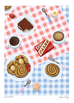 Illustratie van zoet ontbijttafel met gebak, koffie, zachtgekookte eieren, aardbeien en chocolade.