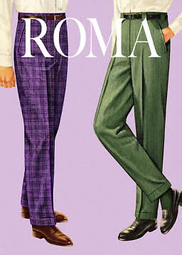 Illustration of purple plaid trousers and green pinstripe trousers with belts on a light purple background