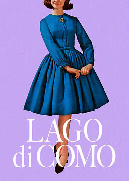 Vintage illustration of woman in a blue long-sleeve dress with full skirt on a purple background.