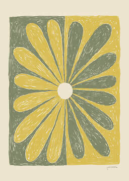 Illustration florale abstraite avec pétales jaunes et gris sur fond divisé