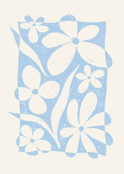 Stylized blue floral print with white flowers and leaves on a light background