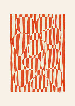 Abstract print with orange vertical stripes and organic flower shapes on a cream background
