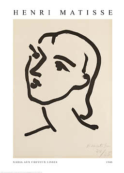 Henri Matisse-plakat med minimalistisk sort stregtegning af et kvindeportræt på beige baggrund