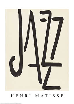 Plakat med ordet "Jazz" i store sorte penselstrøg og teksten Henri Matisse nederst
