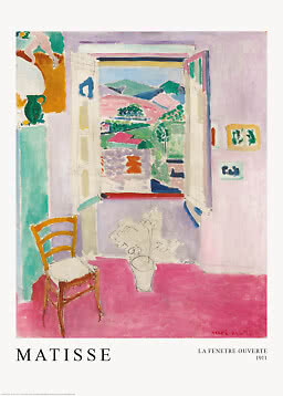 Matisse-plakat med maleri af åbent vindue, stol, blomsterkrukke og farverigt landskab