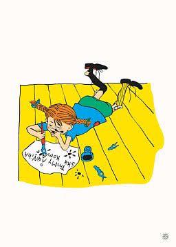 Pippi Longstocking lies on the floor, writing with a pen on a sheet of paper.