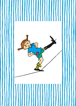 Ilustracja Pippi Pończoszanki na białym tle z niebieską pasiastą ramką