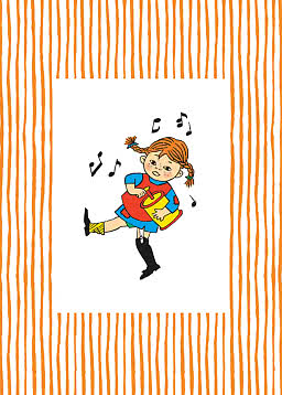 Illustration af pige med fletninger, der danser og spiller på gul tromme med noder omkring sig