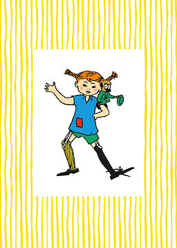 Illustration av Pippi Långstrump med Herr Nilsson på axeln mot vit bakgrund med gula ränder