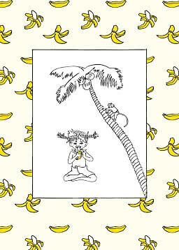 Ilustracja dziewczynki jedzącej banana pod palmą, na tle wzoru z bananami