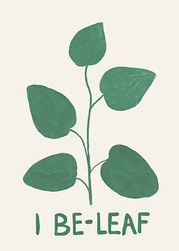 Minimalistisk botanisk print med grøn stilk og fem blade på lys baggrund, tekst nederst.
