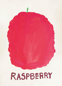Ilustración pintada a mano de una gran frambuesa roja con "RASPBERRY" debajo