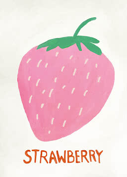 Håndmalet lyserød jordbærillustration med grøn top og teksten "STRAWBERRY" nederst