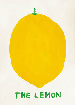 Illustration einer großen gelben Zitrone mit grünem Stiel und dem Text „THE LEMON“ auf weißem Grund