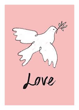Illustration av vit fredsduva med olivkvist och texten "Love" på rosa bakgrund
