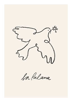 Minimalistisk stregtegning af en due med olivengren på beige baggrund med teksten "la la lame"