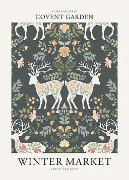Affiche Covent Garden Winter Market avec cerfs fleuris et motif botanique symétrique