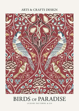 Poster decorativo con motivo simmetrico di uccelli, uccelli blu e crema e fiori su sfondo rosso