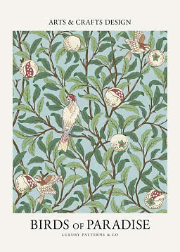 Affiche illustrée avec oiseaux, branches feuillues et fruits décoratifs sur fond bleu clair