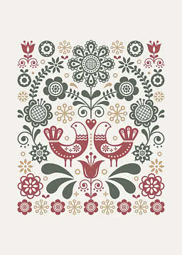 Symmetrisk folkekunstmotiv med to røde fugle, blomster og blade i grønne, røde og beige toner