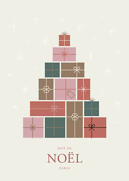 Illustrazione di pacchi regalo impilati a forma di albero di Natale con scritta "Joie de Noël Paris"