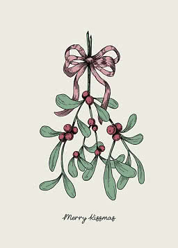 Illustrazione di vischio con fiocco rosa e scritta "Merry Kissmas"